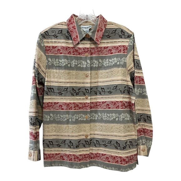 Alfred Dunner Petite 10P Button Front Long Sleeve Shirt Striped Floral Pattern V - Picture 1 of 8